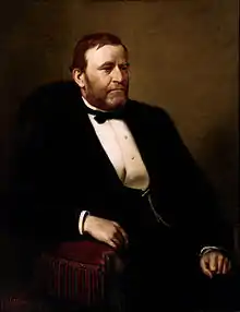 Peinture à l'huile de Grant en costume avec un nœud papillon assis dans un fauteuil en velours.