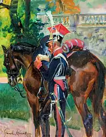 Un soldat allumant sa pipe, appuyé contre son cheval.