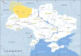 La Volhynie par rapport aux frontières actuelles de l'Ukraine.