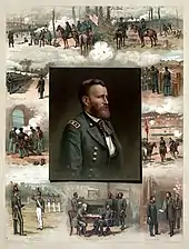 Illustration représentant plusieurs scènes de la vie de Grant autour d'un portrait de lui en uniforme