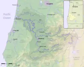 Carte du bassin versant du fleuve Umpqua ; le Crater Lake est au sud-est.