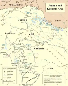 Carte du Jammu-et-Cachemire avec l'Hispar Muztagh au nord.