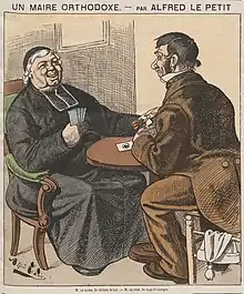 Dessin en couleurs montrant un homme jouant aux cartes avec un prêtre catholique. Le second semble ravi que le premier exhibe la carte du roi de Cœur.