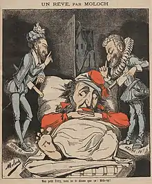 Dessin en couleurs représentant Jules Ferry allongé dans son lit avec de part et d'autre les deux rois de France percés d'un couteau Des personnages masqués s'approchent derrière lui.