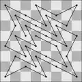 Parcours ouvert sans croisement maximal sur un échiquier de taille 64 ; sa longueur est de 35 sauts.