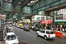 Rue animée sous une ligne aérienne