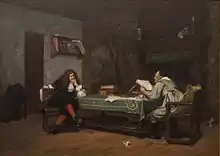 Peinture. Molière et Corneille attablés, le premier écoutant le second.