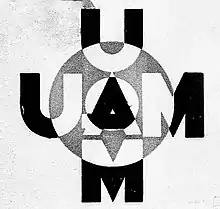 Affiche représentant un logo avec les lettres U A et M écrites verticalement et horizontalement. Un cercle se trouve au milieu.