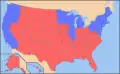 Collège électoral lors de l'élection présidentielle de 2004, par État (en rouge : Bush, républicain ; en bleu : Kerry, démocrate) ; la carte du Jesusland est fondée sur ces résultats.