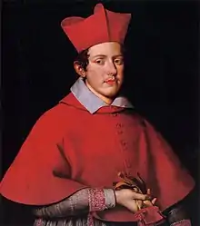 peinture d'un homme en tenue et chapeau rouge de cardinal, tenant ses gants à la main.