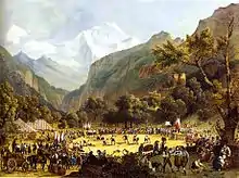 Représentation de festivités suisses en 1808, au milieu d'un paysage montagneux.