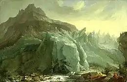 Tableau d'un paysage glaciaire inhospitalier en montagne contemplé par deux minuscules personnages dans le coin inférieur droit, au bord d'un torrent.