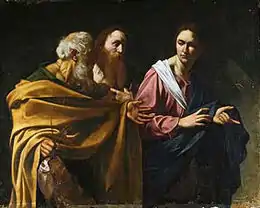 Toile montrant deux hommes barbus, qui regarde un troisième dont le doigt est pointé vers l'avant.