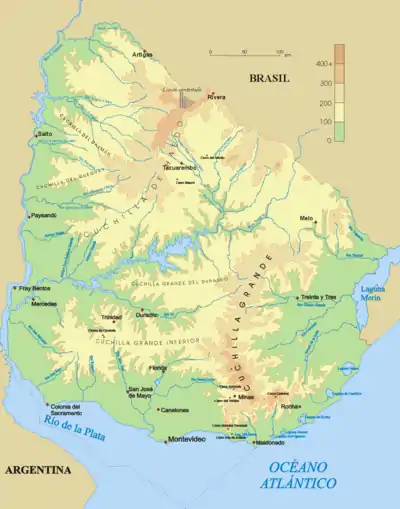 Carte géophysique de l'Uruguay avec la Cuchilla de Haedo dans le Nord-Ouest du pays.