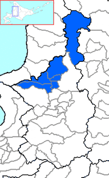 Carte bicolore montrant l'emplacement du district d'Uryū.