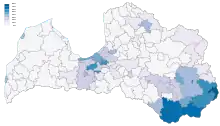 Carte où apparaissent en bleu de nombreuses zones, notamment au sud-est.