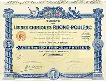Action de l'émission de fondation de la Société des Usines Chimiques Rhône-Poulenc de 100 francs, émise le 5 septembre 1928 à Paris, avec la signature d'Hippolyte-Eugène Boyer en tant que président du conseil d'administration