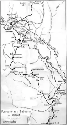 Carte représentant des manœuvres militaires lors de la campagne de Serbie