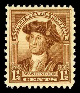 Timbre des États-Unis 1932 du Bicentenaire, valeur de 1 et 1/2¢, basé sur le portrait Peale du 1772