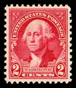 Timbre-poste, 2¢ rouge, bicentenaire G. Washington, 1932.