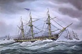 Aquarelle sur papier réalisée en 1902 montrant l'USS President à l'ancre dans une tempête.