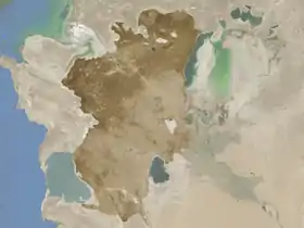Image satellite du plateau d'Oust-Ourt (en surbrillance) entre les mers Caspienne (à l'ouest) et d'Aral (à l'est).