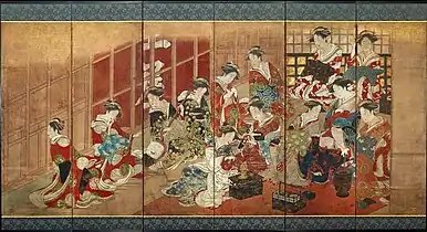 Courtisans de Tamaya, panneau attribué au peintre Utagawa Toyoharu ; Japan, période Edo, vers 1780.
