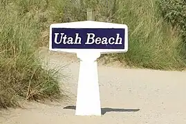 Panneau Michelin à l'entrée de la plage d'Utah Beach dans le Cotentin.