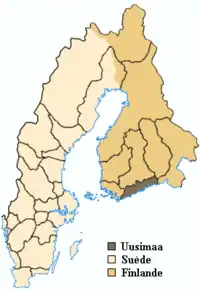 Localisation de l'Uusimaa dans le Royaume de Suède dans la première moitié du XVIIe siècle