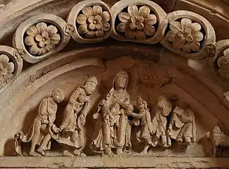 Registre supérieur du tympan (1120-1140).Calcaire, portail sud.