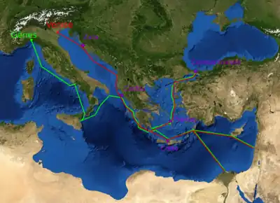 carte de la Méditerranée, avec les routes commerciales vers l'Orient depuis Venise et Gênes