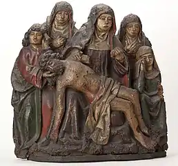Groupe de sculptures en chêne, la Lamentation du Christ, polychrome.