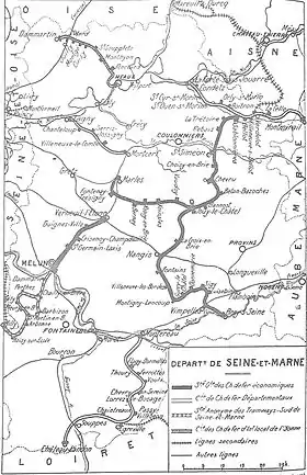 Plan du réseau des voies ferrées d'intérêt local du département de Seine-et-Marne, vers 1928.