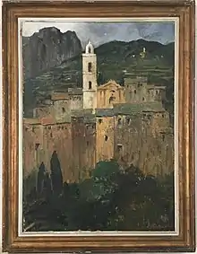 Village corse peint par Robert Falcucci. Vraisemblablement, le village de Verdèse (Haute-Corse). Date inconnue. Collection privée.