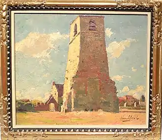 La tour romane - Neder-Over-Heembeek (vers 1960) - Eugène Van Mierlo - huile sur panneau (26x20 cm), collection privée.