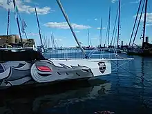 Vue latérale de l'avant du bateau sur lequel est peint une tête de dragon gris à l'œil rouge.