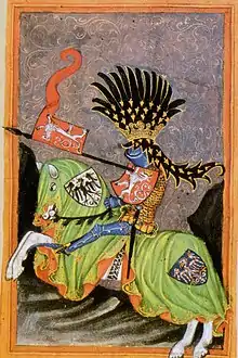 Venceslas Ier de Bohême (1230–1253) sur son destrier, portant une armure anachronique (XVe siècle)