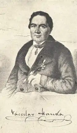 gravure : portrait de Václav Hanka, homme d'âge mûr, décoré par deux médailles