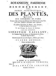 Page de garde de l'édition de 1727 de la Botanicon Parisiense.