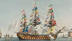 Vaisseau de guerre pavoisé avec les couleurs des puissances européennes en 1814.