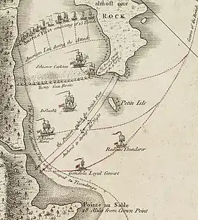 Carte de 1776 montrant Garden Island (« Petite Isle »), qui aurait été confondue avec un navire et canonnée durant la bataille de l'île Valcour.