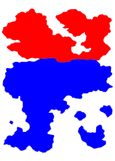 Carte géographique fictive, de couleur rouge et bleue.
