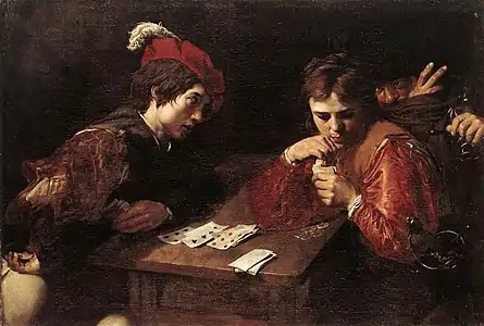 Peinture. Deux hommes jouent aux cartes, l'un d'eux triche grâce à un complice dissimulé.