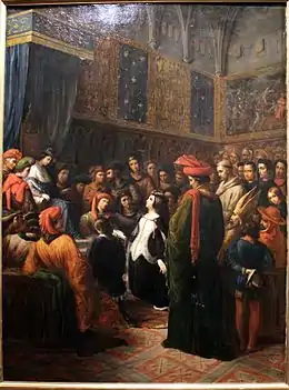 Alexandre Colin, Valentine de Milan implore la justice du roi Charles VI pour l'assassinat du duc d'Orléans, 1836 (musée de Versailles).