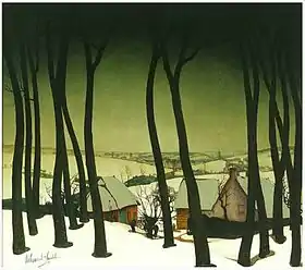 Peinture figurant deux maisons dans un paysage enneigé, abritées derrière une haie de hauts arbres dont on ne voit que le tronc noir.