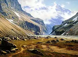Peinture représentant une vallée encaissée bordée d'éboulis où coule un torrent.