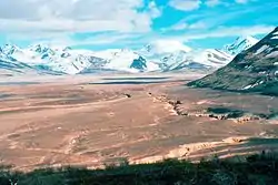 Vue de la vallée des Dix Mille Fumées en direction de l'amont avec le mont Katmai dans le centre gauche à l'horizon.