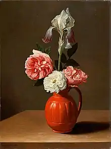 Jacob van Es, Un Iris et trois roses dans une cruche (vers 1630-1640).