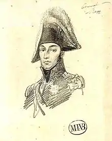Portrait au crayon d'un général de Napoléon, coiffé d'un bicorne et vêtu de son uniforme, le buste légèrement tourné sur la gauche.
