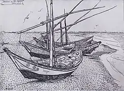 Bateaux de pêche sur la plage, encre et calame.